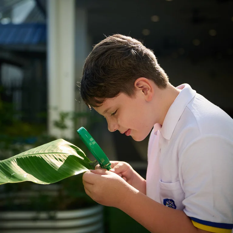 Student looking at a leaf through magnifying lens